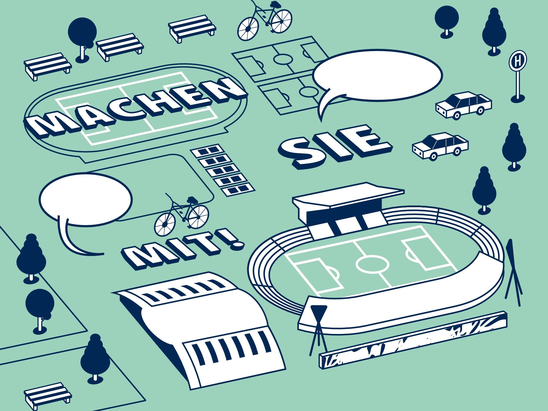 Cover-Auszug des Veranstaltungsplakates zur 1. Werkstatt. Illustration zeigt typische Architektur-Elemente des Jahnsportparks.